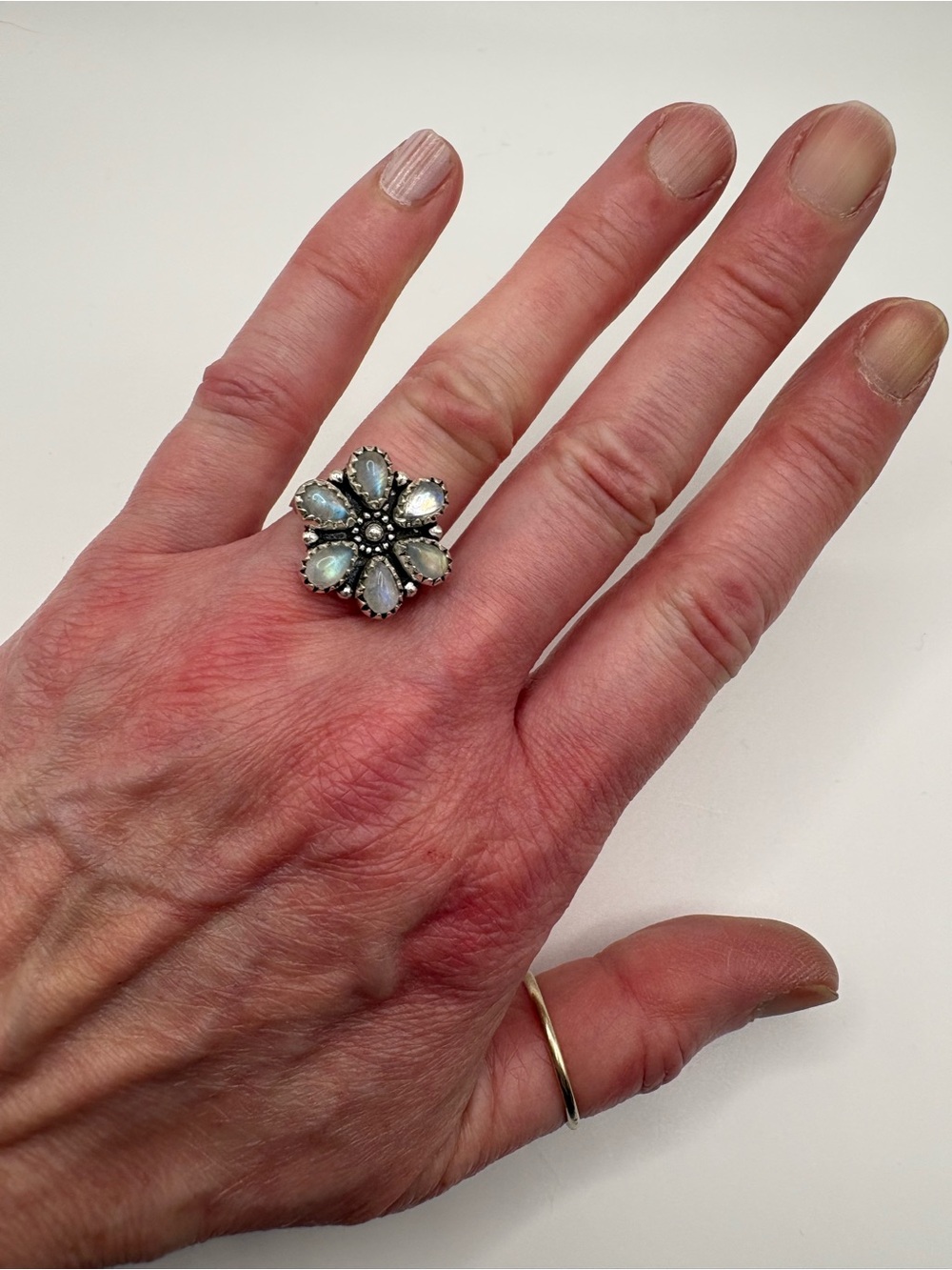 NEW Sterling Silver Rainbow Moonstone Flower Ring Size 7 Artisan 925